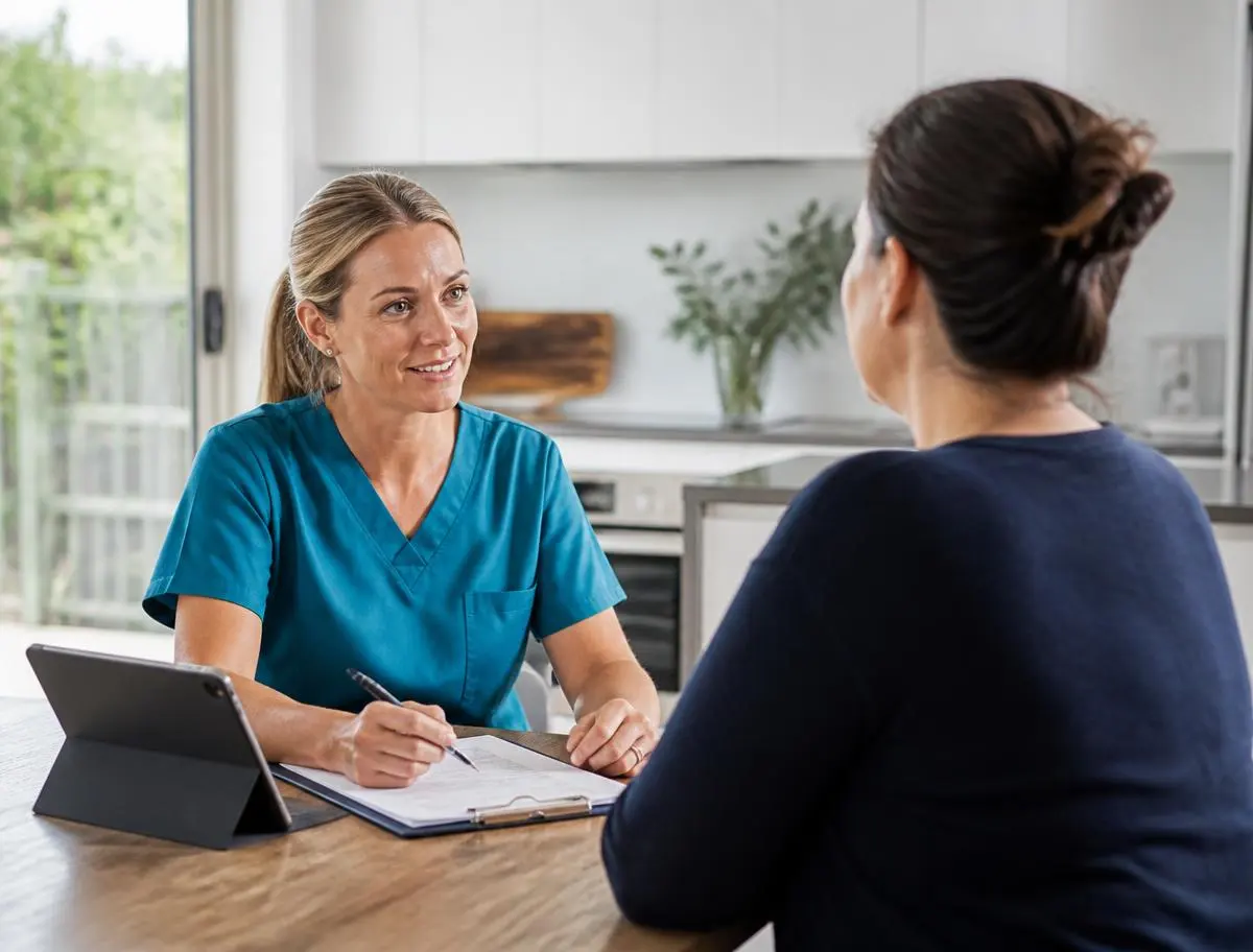 Registered nurse discussing a continence assessment with a client at home